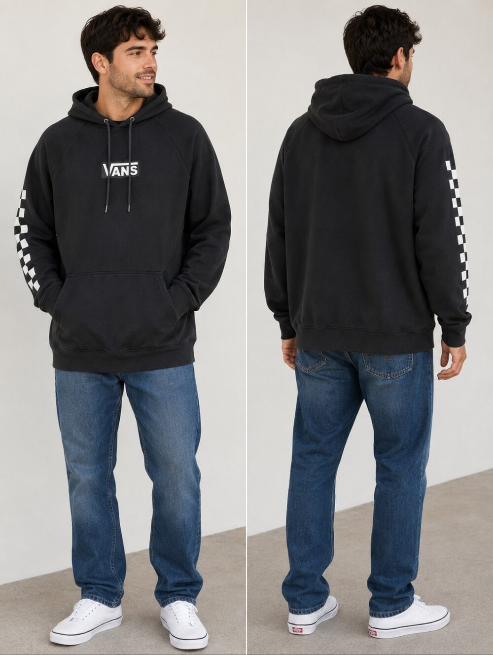 Vans Versa Men’s XL Black Checkerboard Sleeve Pullover Hoodie Logo